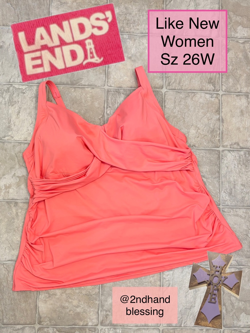 Like New Lands’ End Women's Sweetheart Wrap Underwire Tankini Top, Sz 26W, Peach